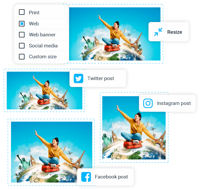 Content is repurposed and resized for Twitter, Facebook and Instagram Social Media publications in Xara Cloud