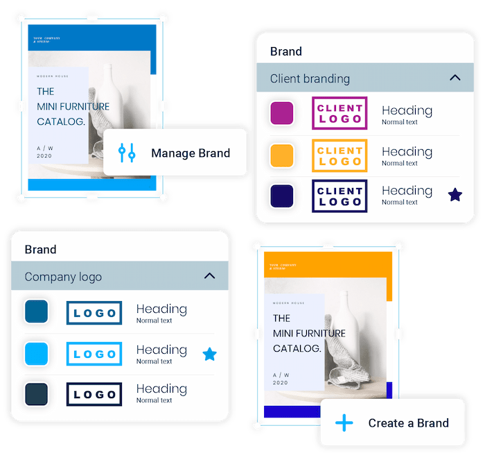 Client and brand logos being applied in a catalogue template document in Xara Cloud