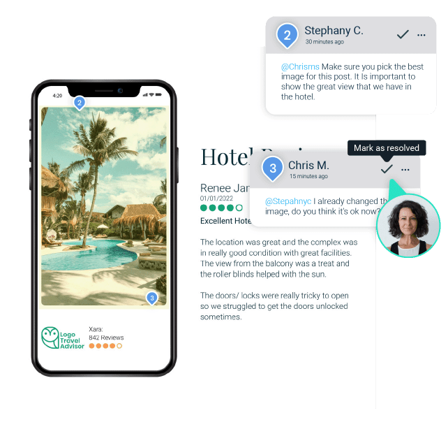 A business owner marks resolved tasks and gives feedback in Xara Cloud using Creative Collaboration
