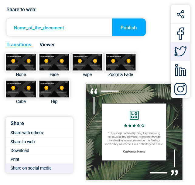 Share to web settings for a social proof document in Xara Cloud